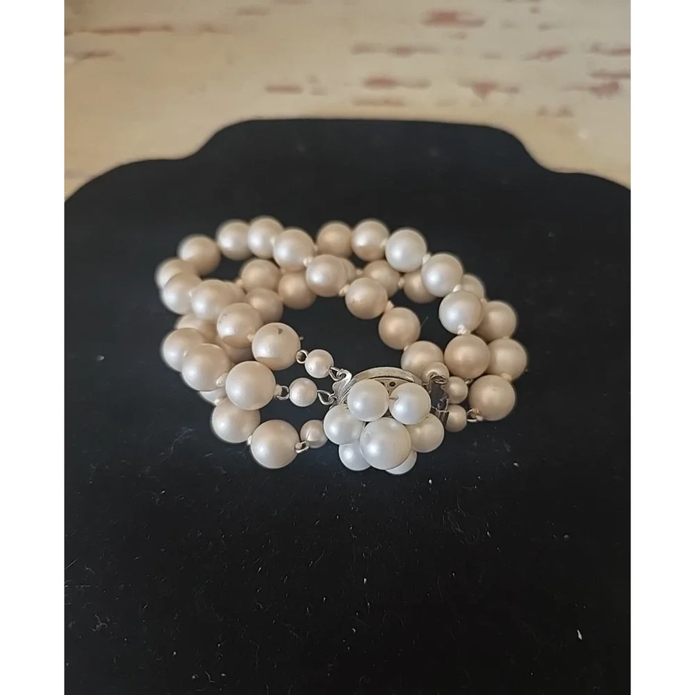 Vtg Faux Pearls 3-Strand West Germany Statement Fashion Jewelry Beaded Bracelet